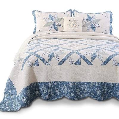KASENTEX 100% Cotton Luxurious Patchwork Bedspread Embroidery Coverlet Quilt Machine Washable Oversize Queen(Blue, 102x118in)