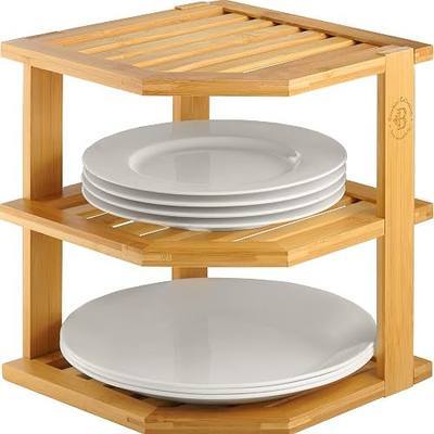Bambüsi Plate Organizer for Cabinet - 3 Tier Bamboo Corner Cabinet Organizer Shelf for Plates Bowls Mugs Cups, Kitchen Cabinet Organizer, Cabinet Shelf Organizer, Countertop Rack, 10 x 10 x 9.5 Inch