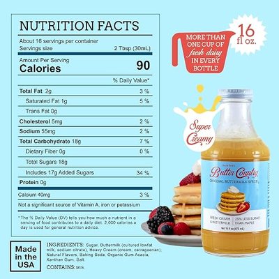 Uncle Bob's Butter Country Original Buttermilk Syrup for Pancakes and Waffles, Less Sugar, No Corn Syrup, Gluten Free, Made without Artificial Flavors, 16 fl oz Bottle