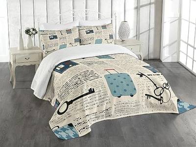 Lunarable Old Newspaper Bedspread, Retro Styled Travel Vacation Theme Vintage Suitcases Keys Dot Text, Decorative Quilted 3 Piece Coverlet Set with 2 Pillow Shams, Queen Size, Black Cream