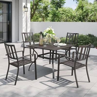 PHI VILLA 5pc Outdoor Table and Chairs,37" Square Table w/Umbrella Hole | Perfect for patio,deck,porch,backyard.Includes 1 black square metal table and 4 stackable wrought iron chairs