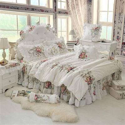 LELVA Chic Shabby Vintage Rose Floral White Duvet Cover Set Bed Skirt Set Ruffle Cotton Bedding for Girls Full 4 Piece