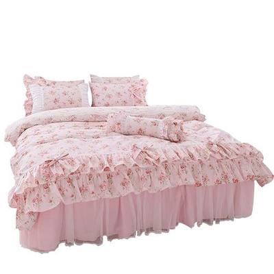LELVA Romantic Rose Flower Print Bedding for Girls Duvet Cover Set with Bed Skirt Pink Lace Ruffle Floral Shabby Bedding Sets Full 4 Piece