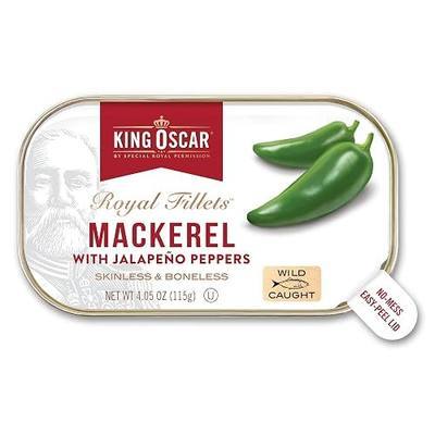 King Oscar Mackerel in Olive Oil with Jalapeño Peppers, 4.05 oz, 1-Pk | Skinless & Boneless, North Atlantic, Wild Caught, Hand Packed, Kosher, Non-GMO, Gluten Free, High Protein, Omega-3, Keto