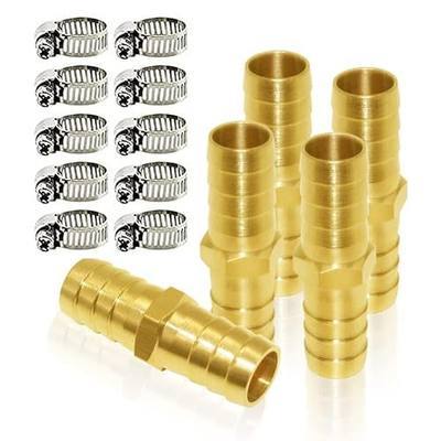 Joywayus 5/8" ID Hose Barb Hex Union Brass Fitting Water/Fuel/Air with 10 Stainless Steel Clamps (Pack of 5)