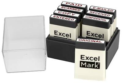 ExcelMark Mini Office Message Rubber Stamp Set - Red Ink - Storage Tray Included
