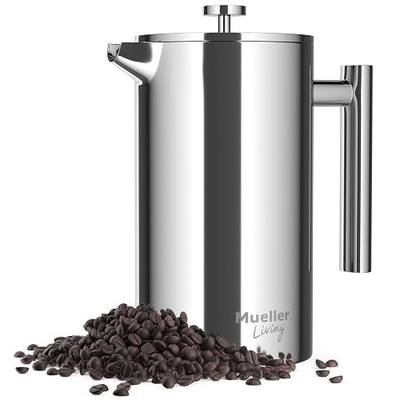 MuellerLiving French Press Coffee Maker 34oz, Stainless Steel French Press Coffee, 4 Filter Heat Resistant Double Insulated, Rust-Free, Food Grade, Dishwasher Safe Coffee Pot | 34oz | Stainless Steel | 4 Filter Heat Resistant Double Insulated | Rust-Free | Food Grade | Dishwasher Safe Coffee Pot