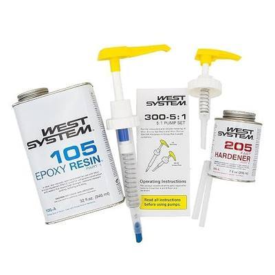 WEST SYSTEM 105A Epoxy Resin (32 fl oz) Bundle with 205A Fast Epoxy Hardener (7 fl oz) and 300 Mini Pumps Epoxy Metering 3-Pack Pump Set (3 Items)