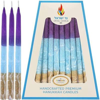 Dripless Hanukkah Candles 45 Hanukkah Candles Decorative Purple, with Blue & Gold Frosted Stripes 1-Hour Burn Time
