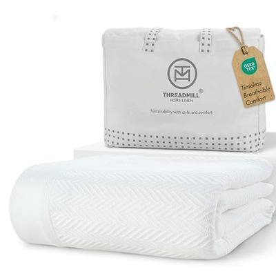 Threadmill Luxury Cotton Blanket for Queen Size Bed | All-Seasons Breathable Oeko TEX 100% Cotton Queen Blanket | Cozy, Soft Fall Thermals fits Full Size Bed, 90x92 inches | White