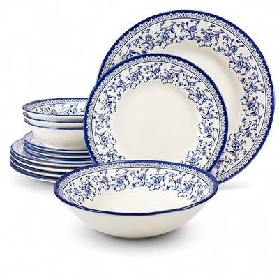 Tudor England Royal 12-Piece Porcelain Dinnerware Set for 4, Aster Blue Floral Design, Dinner Plates, Salad Plates and Soup Bowls, Dishwasher and Microwave Safe