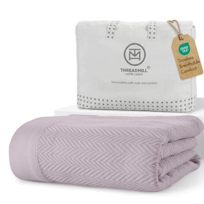 Threadmill Vanilla Cream 100% Combed Cotton King Size Blanket, All-Season Soft Breathable Light Weight Herringbone Throw