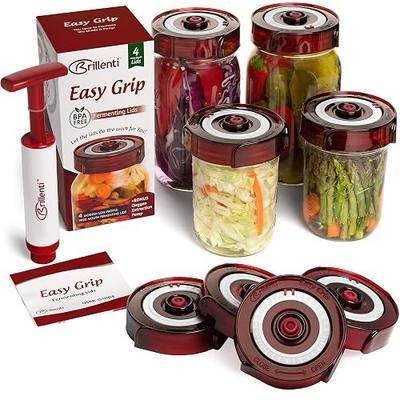 Fermenting Lids for wide mouth mason jars. 4 waterless airlock fermentation lids kit. Easy Grip fermenter lid with Oxygen Pump automatically Vents air. Tracks ferment date. (4 Lids + Pump)