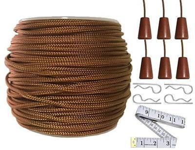 Y-Axis Roll of 60 Yards 2.0mm Light Brown (Bronze) Braided Nylon Lift Shade Cord with 6 Pack Brown Wood Cord Knobs + Soft Tape
