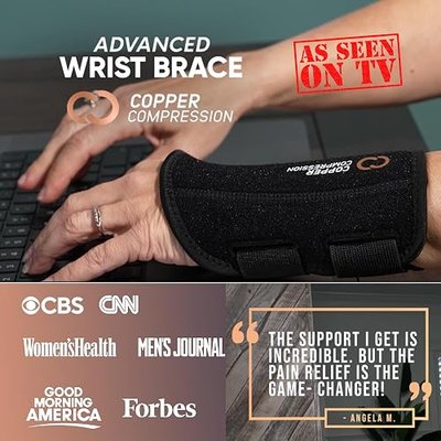 Copper Compression Advanced Wrist Brace - Copper Infused Adjustable Orthopedic Support Splint for Pain, Carpal Tunnel, Arthritis, Tennis Elbow, Tendinitis, RSI, Ganglion Cyst for Men Women Right S/M