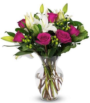 Benchmark Bouquets - Elegant Pink Roses and Lily Flower Bouquet - Fresh Flowers for Delivery - Real Flowers in a Vase - Birthday Gifts for Her (Glass Vase Included)