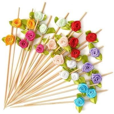 Minisland Multicolor Rose Flower Cocktail Picks, 4.7 Inch Long Bamboo Fancy Toothpicks for Appetizers, Bridal Shower Wedding Valentines Party Food Drinks Garnish Fruit Skewer Sticks 100 Counts -MSL129