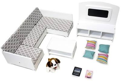 Playtime by Eimmie 18 Inch Doll Furniture Couch & Living Room Set – Wooden Playset with TV & Pet Accessories, Fits American, Generation, My Life & Similar 14”-18” Dolls