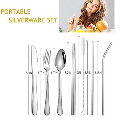 Portable utensils silverware flatware set, Travel Camping Cutlery set, 8-Piece including Knife Fork Spoon Chopsticks Cleaning brush Straws Portable bag Stainless steel Flatware set (S size)