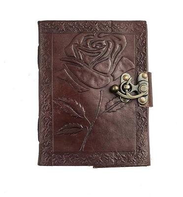 Handmade Leather Bound Journal Vintage Writing Notebook For Women and Men with Lock & Engraved Rose Gift Art Travel Diary Book of Shadows Notebooks To Write (7 by 5 Inches)