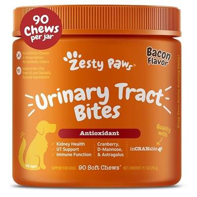 Zesty Paws Cranberry Supplement for Dogs - Bladder Control for Dogs - Urinary Tract Support - Cranberry Chews with D-Mannose, Vitamin B6 & L-Arginine - Immune & Gut Support - Bacon - 90 Count