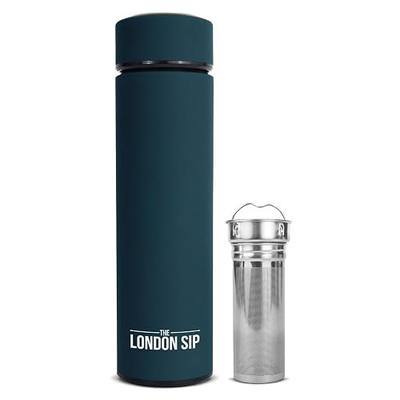 London Sip Multi-Purpose Tea Infuser Travel Mug and Tumbler Fruit Infuser Flask Hot and Cold Double Wall Stainless Steel Thermos with Extra-Long Infuser, Midnight Teal
