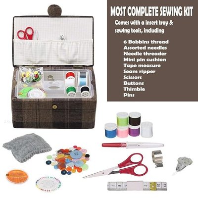 D&D Sewing Basket - Sewing Supplies Organizer - Ideal for Needles, Thread, Scissors, Tape Measure, Thimbles and Other Accessories (Brown)
