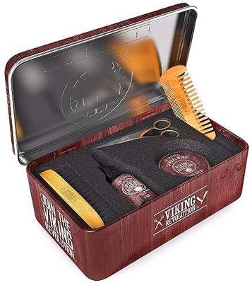 Viking Revolution Ultimate Grooming Kit for Men - Boar Brush, Wood Comb, Sandalwood Balm & Oil, Scissors for Beard & Mustache