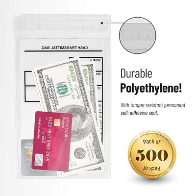 VaultGuard Tamper-Proof Bank Deposit Bags for Cash, 6 x 9-Inch, 500-Pack | Clear PE bags use a self-adhesive seal and write-on panel; thick, tear-resistant waterproof material holds cash and coins
