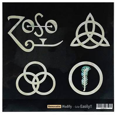 Inlay Stickers for Guitars & Bass - 4 Symbols Led Zeppelin IV “ZOSO” | Four-symbol decal set with Saturn, Feather of Ma'at, Triquetra, and Borromean Rings for guitar, bass, and ukulele bodies.