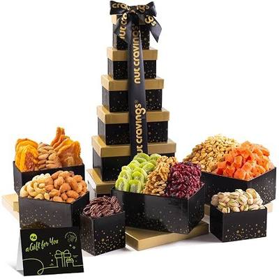 NUT CRAVINGS - Dried Fruit & Mixed Nuts Gift Basket, Black Tower + Ribbon (12 Assortments) Food Arrangement, Healthy Snack Care Package, Kosher