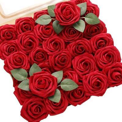 DerBlue 60pcs Artificial Roses Flowers with stem and 10pcs Green Leaves Real Looking Fake Roses Artificial Foam Roses Decoration DIY for Wedding,Arrangements Party Home Decorations