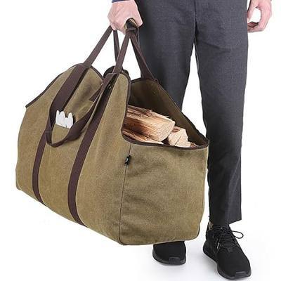 BONTHEE Firewood Carrier Bag Waxed Canvas Waterproof Extra Large Log Carrier Holder Freestanding Tote Bag for Firewood