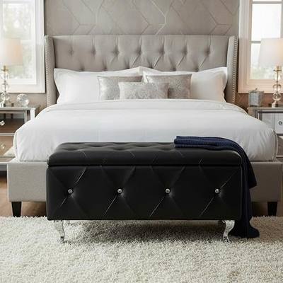 AC Pacific Glam 38 Inches Storage Ottoman Bench for Entryway, Hallway, Living Room, and Bedroom, Upholstered Tufted Faux Leather Ottoman with Storage, Foot Rest and Organizer, Midnight