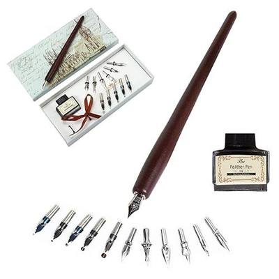 Calligraphy Pens Set -Wooden Dip Pen Handcrafted Calligraphy Set with 11 Nibs & Black Ink