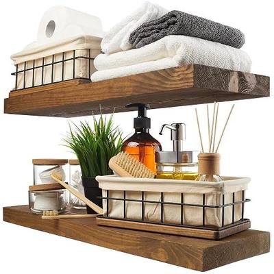 Solid Wood Floating Shelves for Wall 24 Inch Walnut, Wooden Bathroom Shelf | Real Wood, Wall Mounted, Rustic Farmhouse, Bedroom Kitchen Living Room, Walnut Finish, 24W x 6,7D, Set of 2