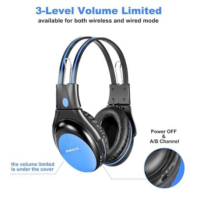 SIMOLIO 3 Pack of Car Wireless Headphones for Kids with 3-Level Switchable Volume Limited, Infrared Wireless Headphones for Kids Travelling, Universal 2 Channel Automotive IR Headsets