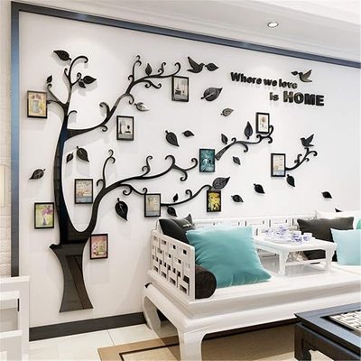3D Acrylic Wall Stickers Photo Frames FamilyTree Wall Decal Easy to Install &Apply DIY Decor Sticker Home Art Decor, Black Leaves-Left, XL.
