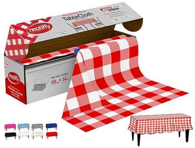 Neatiffy Disposable Plastic Table Cloth Roll | 54 in x 108 Ft Waterproof Tablecloth | Table Cover for Rectangle, Square, Round Oval Tables | Picnic, Party, Banquet, Birthdays, Weddings, Red Checkered