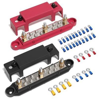 Mofeez Bus Bar 3 x 1/4” Post 10 x #8 Screw Terminal Power Distribution Block for Car Boat Marine (Red & Black)