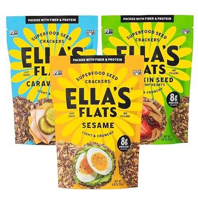 Ella’s Flats - Variety 3 pack (Sesame, Hemp & Caraway) All Seed Savory Crisps – All Natural, Gluten Free, Good Source of Protein, High Fiber, Vegan and Keto Friendly