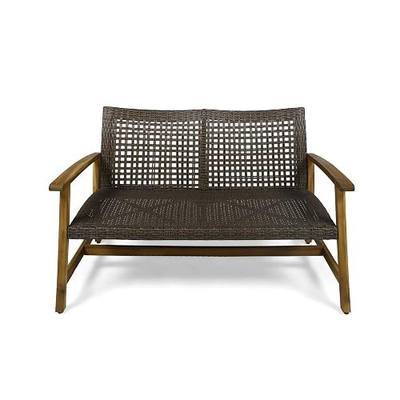 Great Deal Furniture Marcia Outdoor Wood and Wicker Loveseat, Natural Finish with Mix Mocha Wicker,Mix Mocha, Natural Stained Finish,307798