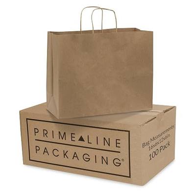 Prime Line Packaging Paper Bags Large, 16x6x12 100 Pack Brown Kraft Bags with Handles, for Small Business, Shopping, Retail, Merchandise, Bulk