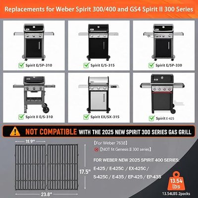 QuliMetal 17.5" Grill Grates for Weber Spirit 300/400 and Spirit II 300 Series,Spirit E/S-310 E/S-320 E/S-330,Spirit 700,Genesis Silver/Gold B & C,Genesis 1000-3500,Cast Iron Part for Weber 7638 7639