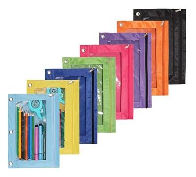 Zippered Binder Fabric Pencil Pouch | 3 Rings with Clear Window for School Classroom Organizers 8 pack (multicolor)