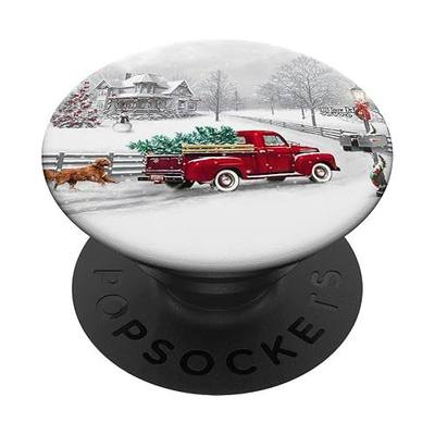 Old Vintage Red Truck and Tree Merry Christmas PopSockets Adhesive PopGrip