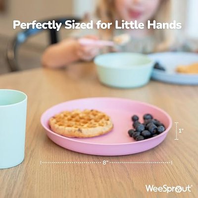 WeeSprout Bamboo Plates, Set of 4, Kid-Sized Dinnerware, Dishwasher Safe Melamine Dishware (Blue, Green, Gray, & Beige, Without Lids)