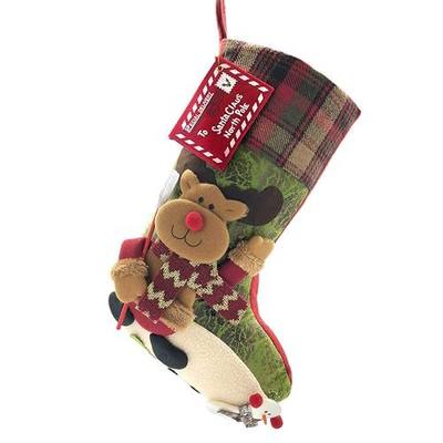 21 inch Plaid Christmas Stockings Deer, Bear, Animal One Piece, Felt Large Plush 3D Reindeer Snowman Design Hanging Stocking for Girls Boys Xmas Tree Mantel Party Decor (Green)