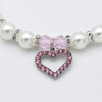 Pearl Crystal Dog Necklace Collar Jewelry for Small Dogs Puppy, Bling Cat Wedding Collar with Rhinestones Charm, Chihuahua Yorkie Clothes Outfits Accessories (Pink Heart, 8 to 10-Inch)
