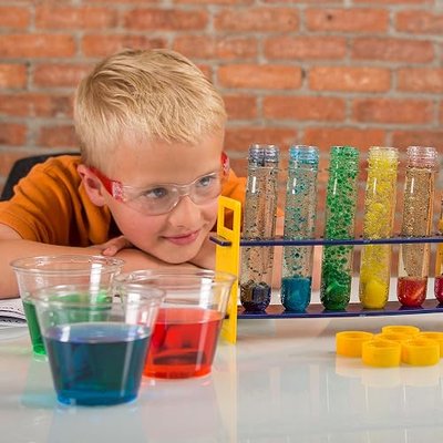Steve Spangler Science Large Plastic Test Tubes & Rack | Science Experiments for Kids, Durable Clear Tubes with Caps for School, Camp & Homeschool Kits, Set of 6 Bottles & Rack